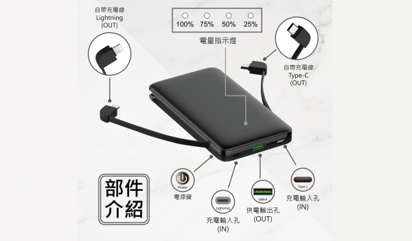 【10000mAh】自帶雙線快充行動電源 （型號：MD-BP-068）